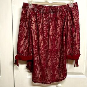 Per Seption Concept Burgundy Lace Cream Lining Off Shoulder Top Size L